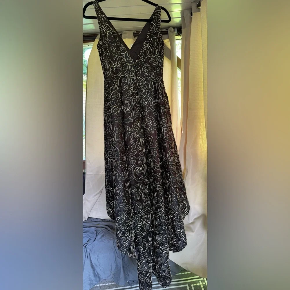 Calvin Klein Black High Low Evening Gown with Silver Swirl Embroidery